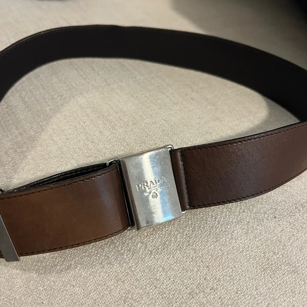 Prada Dark Brown Adjustable Leather Belt with Silver Buckle Logo Clasp - Picture 6 of 7